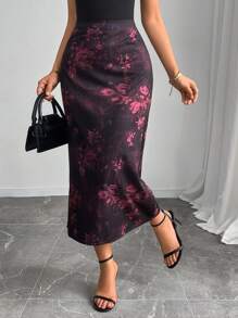 Falda elegante de corte evasé con estampado floral para uso casual diario de mujeres