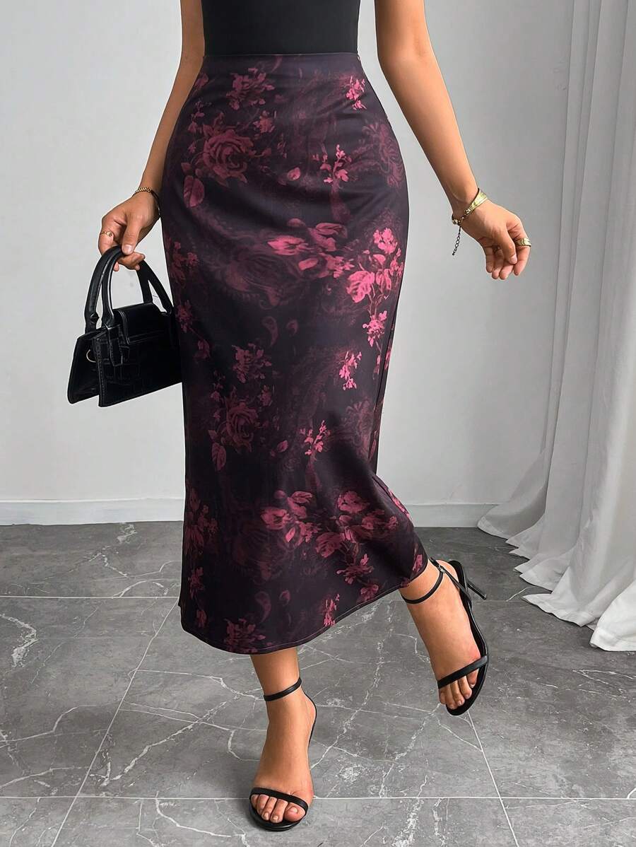 Falda elegante de corte evasé con estampado floral para uso casual diario de mujeres