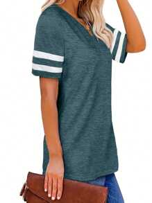 Plus Size V Neck Striped Casual Tee T-Shirt - Peacock Blue - View 3