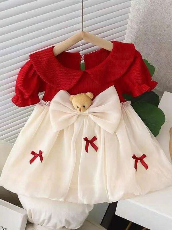 Girls Bear & Bow Decor Bubble Sleeves Princess Dress, Cute Mesh Summer Dress For Young Girl