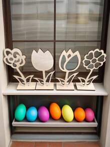 复活节家居餐桌装饰 - 1 套 4 件木质空心花饰，创意木制工艺品，天然木色