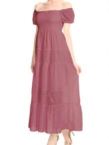 Womens Off Shoulder Boho Lace Semi Sheer Smocked Maxi Long Dress - Pink - View 5