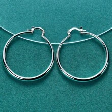 925镀银40毫米光滑圆形耳环，女士婚礼派对时尚礼物首饰 - 銀色 - 查看 4