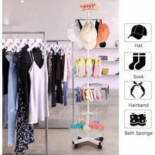 Estantería giratoria de exhibición de 5 niveles con ruedas para tiendas, de metal, para exhibir llaveros, joyas, calcetines, gorros, apta para centros comerciales, salas de exposición y tiendas minoristas - Blanco - Ver 6