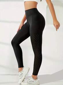 1 件口袋运动裤收腹提臀女式网眼透气纱布瑜伽紧身裤完美高腰修身裤适合跑步骑行瑜伽泡菜球运动休闲