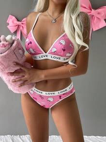 Sanrio 2pcs/Set  Printed Wireless Lingerie Bra And Elastic Waist Panty For Women, Kawaii