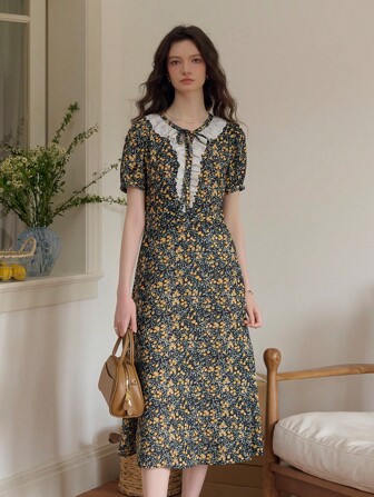 Simple Retro Abito intrecciato estivo da donna con scollo a V, frange di pizzo, laccetti e stampa floreale