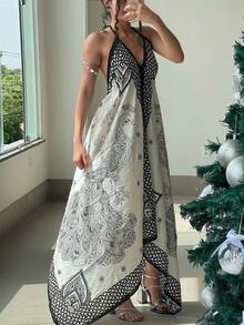 Đầm nữ phong cách Boho không tay, dáng suông bất đối xứng, in họa tiết hoa, thích hợp mặc mùa hè, phù hợp với nhiều dáng người, đi nghỉ mát, dự tiệc, thanh lịch. - Nhiều màu - Xem 4