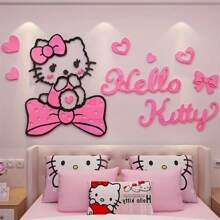 Sanrio 1PC Sanrio 3D Acrylic Wall Decal - Pink 3D Hello Kitty, Big Ear Dog Bedroom Decor, Anime Theme Wall Sticker For Room, Living Room, Bedroom Or Living Space, Cute Cartoon Design With Heart Shaped Embellishment, Hello Kitty Room Decor