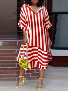 Red Striped Asymmetrical Hem Summer Women's Dress Pomicia Style Red Short-Sleeved Women's Holiday Skirtv Embroidered Modest Elegant Easter Rave Outfits