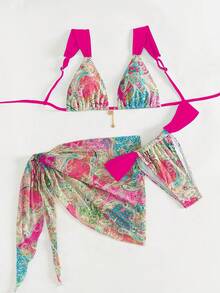 3pcs/Set Random Paisley Print Light Blue Halter Top, Triangle Bikini Bottoms & Chiffon Sarong Skirt Women's Swimsuit, Beach Vacation Style - Multicolor-rose Red - View 3