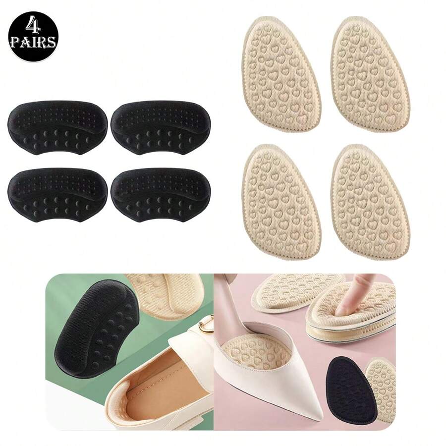 4pcs Set: 2pcs Beige Forefoot Pads, 2pcs Black Heel Grips, Non-Slip, Anti-Friction, Breathable Shock-Absorbing Half Size Up Insole Pads For High Heels And Sneakers