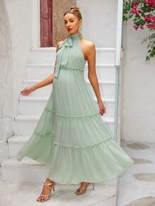 Joyfunear Maternity Robe Dress With Ear Edged Collar, Knot And Halter Design - Green - View 4