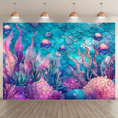 1 pièce Bannière de fond de fête de la Sirène, thème violet de corail et de perles, fond photo de fête d'anniversaire, décoration de fête, convient pour les célébrations de fête, les mariages, les anniversaires, la décoration de fête d'anniversaire, la décoration intérieure et extérieure du jardin à la maison