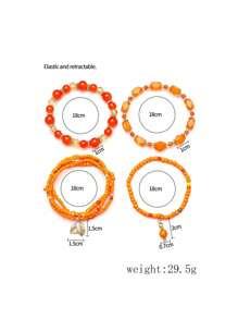 4pcs Bohemian Style Orange Millet Pearl Beaded Bracelet Set, Suitable For Daily Wear For Women