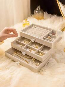 1pc Velvet Jewelry Storage Box, 3 Layer Transparent Acrylic Jewelry Display Box, Small Jewelry Cabinet, Drawer Style Jewelry Organizer, Earring Ring Bracelet Display Case, Women Jewelry Box, Craft Organizer, Large Capacity Open Design, Room Storage, Bedroom Decor, Living Room Decor, Gift Box, Wedding Gift, Easter Gift - Multicolor - View 3