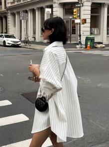 Going Out Retro Loose Pocket Cardigan Button Up Long Sleeve Striped White Cute Beautiful Casual Elegant Shirts Tops For Women, Spring And Summer Holiday/Valentine's Day - White - View 2