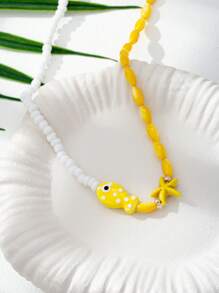 1pc Handmade Summer Ceramic Fish & Starfish Colorblock Boho Beaded Necklace, Vacation Style Bohemian Jewelry For Women - Multicolor - View 5