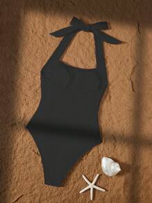 Áo tắm liền thân nữ màu trơn, kiểu cổ yếm buộc dây, phong cách thường ngày, thích hợp cho kỳ nghỉ hè, đi biển, màu đen. - màu đen - Xem 4