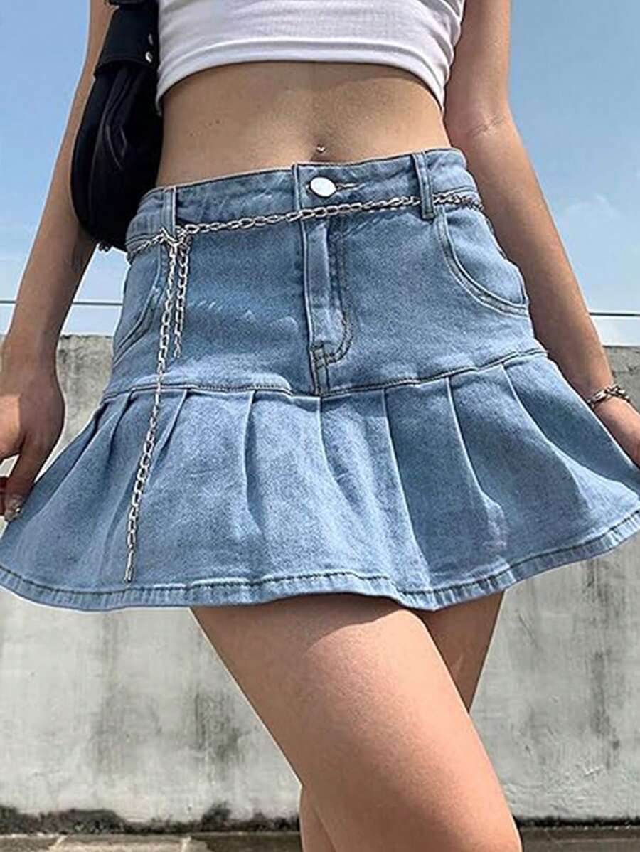 Women's Casual Slim A-Line Pleated Ruffle Short Mini Denim Skirts - 淺藍色 - 查看 1