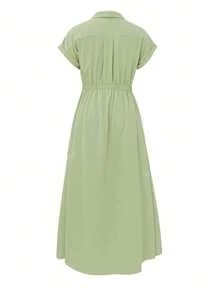 Women's Spring And Summer Thin Button Raglan Sleeve Waist A-Line Large Swing Collar Casual Vacation Elegant Solid Color Sundress Women's Long Dress