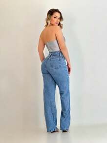 Women's Wide Leg Jeans With High Waist And Side Opening, Super Stylish - Medium Wash - View 4