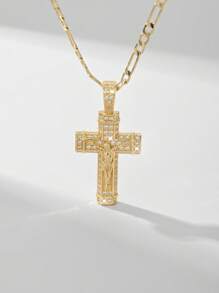 1pc Fashionable & Minimalist 2025 New Hypoallergenic Copper Inlaid Cubic Zirconia Cross Jesus Pendant Necklace, Suitable As Gift For Mother/Valentine's Day Couples/Friends/Believers, Catholic First Holy , Daily & Holiday Prayer Wear - Yellow Gold - View 7