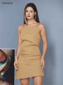 WUUW Women's Fashion Dress, Solid Color Cropped Short Skirt, New Top, Adjustable Party Midi Skirt - 卡其色 - 查看 1