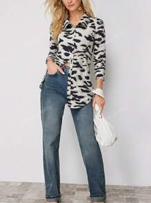 Women's All-Over Print Long Sleeve Button-Down Loose Casual Commute Shirt