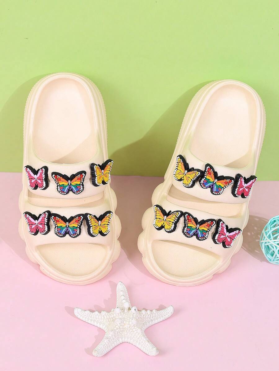 1 Paar Mädchen Sandalen, rutschfeste Schmetterlingsdekor Außen Clogs Kleinkind Strandschuhe, Sommer - Beige - Übersicht 1