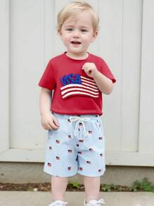 Conjunto de ropa de 2 piezas para bebés niños, con camiseta de manga corta con bordado de bandera y pantalones cortos a rayas elásticos - Rojo - Ver 3
