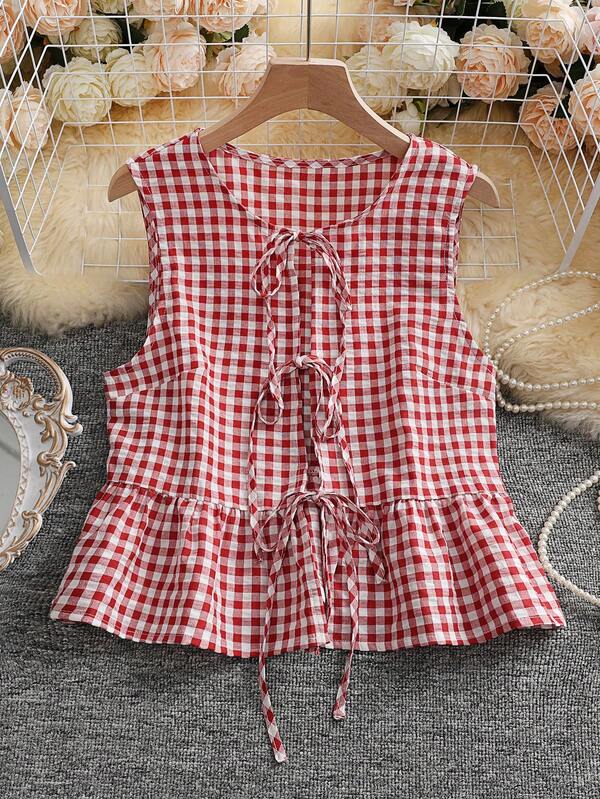 Cardigan cu cravată fără mâneci în carouri pentru primăvară/vară