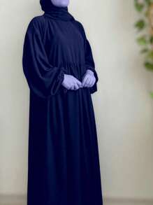 Arabian Style Plain Color Long Sleeve Casual Maxi Dress, Minimalist Fashion For Everyday Wear, Modest Robe, Abaya - Navy Blue - View 4