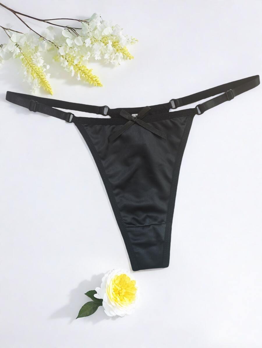 Adjustable Waist Satin Thong Panties With 3D Bow Decor, Rave For Going Out - Black - View 1