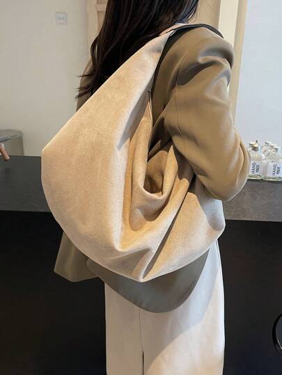 1 件大容量纯色绒面革手提包，女士休闲流浪包，时尚单肩腋下包，适合女性日常使用