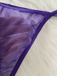 2 件女士性感纯色蕾丝睡衣套装，V 领露背吊带裙，丁字裤，舒适睡袍 - 紫色 - 查看 5