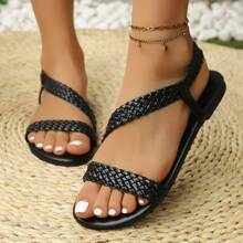 Bohemien Lässig Damen bequeme flache Mode Sandalen, gewebte Riemen römischer Stil offene Zehensandalen - Schwarz - Übersicht 2