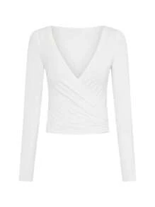 Women Ballet Wrap Top V Neck Solid Long Sleeve Self Tie Dance Shirt Pilates Yoga Tops Y2k Workout Active Blouses Clubwear For Daily Party - 白色 - 查看 8