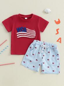 Conjunto de ropa de 2 piezas para bebés niños, con camiseta de manga corta con bordado de bandera y pantalones cortos a rayas elásticos - Rojo - Ver 6