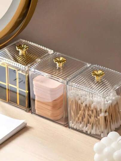 1 pieza Caja de almacenamiento de cosméticos de plástico, caja de almacenamiento a prueba de polvo transparente con tapa para guardar hisopos, almohadillas cosméticas, barras de labios, bandas para el cabello, esponjas de maquillaje y otras herramientas de belleza, caja de almacenamiento de maquillaje minimalista y transparente para el hogar