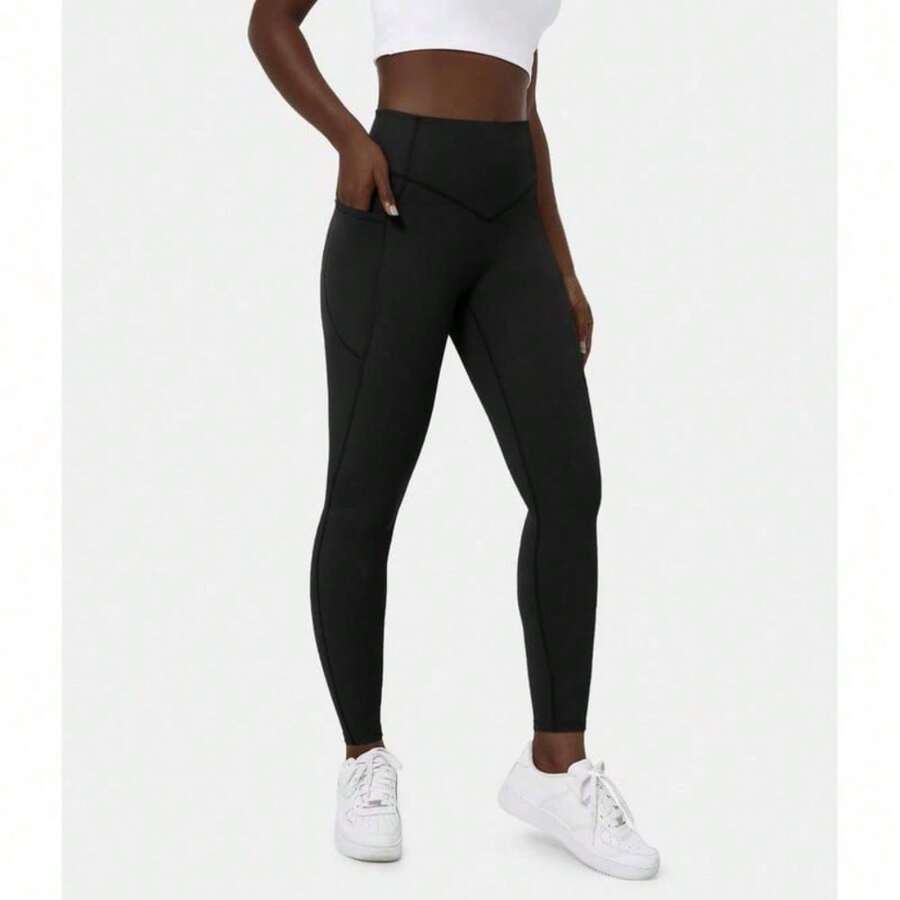 SoCinched High Waisted Tummy Control Side Pocket Shaping Training Leggings - 黑色 - 查看 1