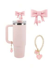 2pcs/Set: 1pc Silicone Bow Straw Topper & 1pc Letter Heart Bow Cup Tag, Fit For 40oz Cup, 10mm Straw Diameter, With Handle Glass Cup, Cute Pink Butterfly Decoration, Back To School Supplies