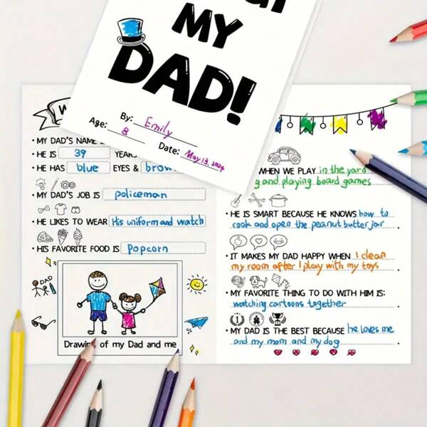Sobre mi papá" - Libro de obsequio para el Día del Padre, cumpleaños y Acción de Gracias | Incluye sobre | Celebra a papá con un recuerdo único de sus cosas favoritas, regalo para el Día del Padre, regreso a clases, útiles escolares