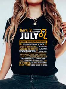 Camisetas de cuello redondo 100% algodón, regalo de cumpleaños de Leo - Camiseta de Leo nacido en julio. Camiseta estampada para verano, para mujeres y hombres, de manga corta, suave y cómoda, camiseta gráfica para mujeres - Negro - Ver 1