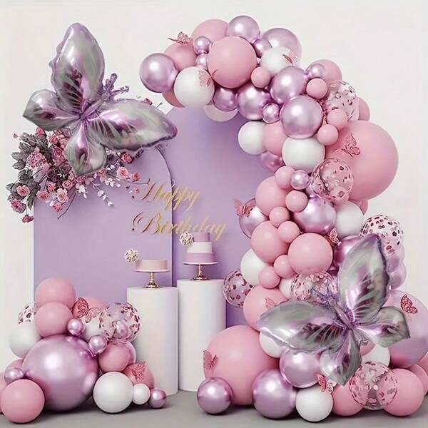 114pcs Butterfly Balloon Arched Wreath Set, Pink, Purple, White Latex Balloons With Confetti Balloons And Lavender Aluminum Foil Butterflies, Suitable For Women's Birthdays, Weddings, Mother's Day, Valentine's Day, Dream Themed Party Decorations