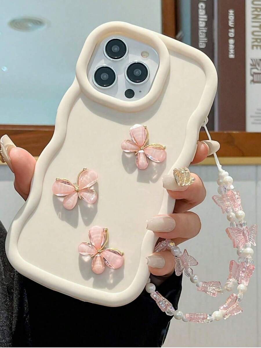 1个奢华渐变波浪形甜美手机壳，配3个水晶蝴蝶吊坠和1条手链，兼容 17/17 Air/17 Pro/17 Pro Max、12/13 Pro Max、Redmi Note 11 4G、Galaxy A55、Infinix Note 30、Moto E30，质地柔软，珍珠装饰，简约设计，适合日常使用和户外携带，为您的手机提供完美保护，国际版，非国内版。 - 白色 - 查看 1