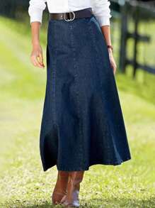Women's High Stretch Washed Denim Mid Length Skirt, Elegant A-Line Casual Denim Skirt