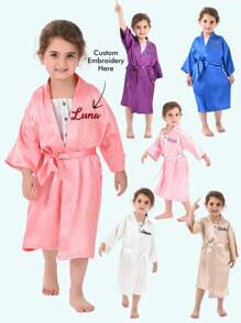 1pc Personalized Children Satin Long Robe, Customized With Embroidered Letter/Name, Functional Casual, Breathable, Sleepwear, Bathing, Elastic, Homeware, Cooling, Comfortable, Suitable For Wedding Flower Girl, Kids, Girls, Spa Birthday Party,Multi-Functional,Ornamental,Letter,Stylish,Modern,Colorful,Cute,Adorable,Casual,Custom,Personalised,Unique,Customized,Ideal Gifts For Him,Ideal Gifts For Her,Kids,Gala Night,Travel, School - Multicolor - View 3