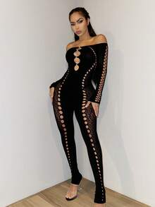 Women High Elastic Black Off-Shoulder Mesh Hollow Bodycon Jumpsuit - màu đen - Xem 8