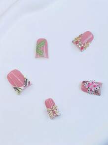 10 件 Y2K Nails 别致鸭嘴按压式指甲套装 - 手工制作，白色法式风格，3D 手工花朵和 3D 手绘绿叶，跳跃色彩指尖法式风格，金色蝴蝶结和闪亮多色水钻装饰 - 非常适合派对和休闲装扮，是送给女士和女孩的完美节日礼物，包括工具包指甲用品指甲 - 彩色 - 查看 3